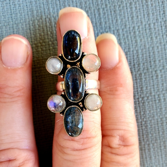 New Kyanite & Rainbow Moonstone 925 Silver Ring. - Picture 10 of 11